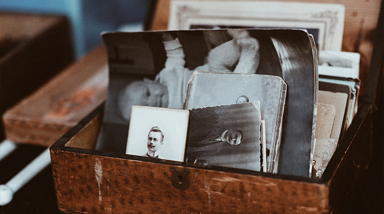 A box of black and white photos