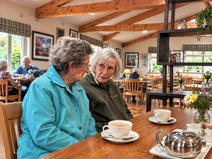 care home residents enjoying coffee on a day trip